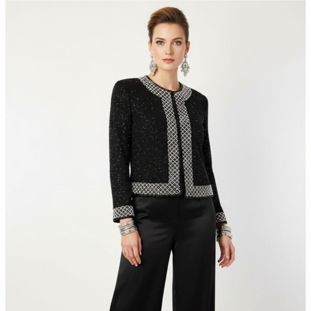 Brilliante Black & White Sequins Silk Collarless Long Sleeve Evening Jacket S